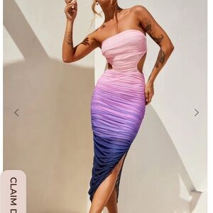 Strapless Ombre Ruched Bodycon Dress - Pink to Blue